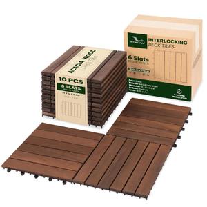 Acacia Interlocking Deck Tiles, 10 PCS Wood Flooring, 6 Slats, Walnut