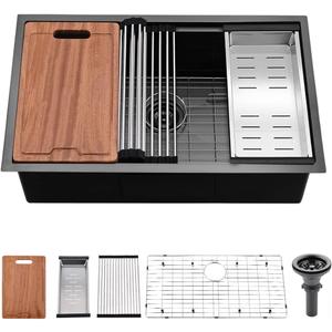 33 Inch Black Undermount Kitchen Sink Workstation-Bokaiya 33x19 Kitchen Sink Undermount Black Stainless Steel 16 Gauge 10" Deep Single Bowl Kitchen Sinks with Cutting Board