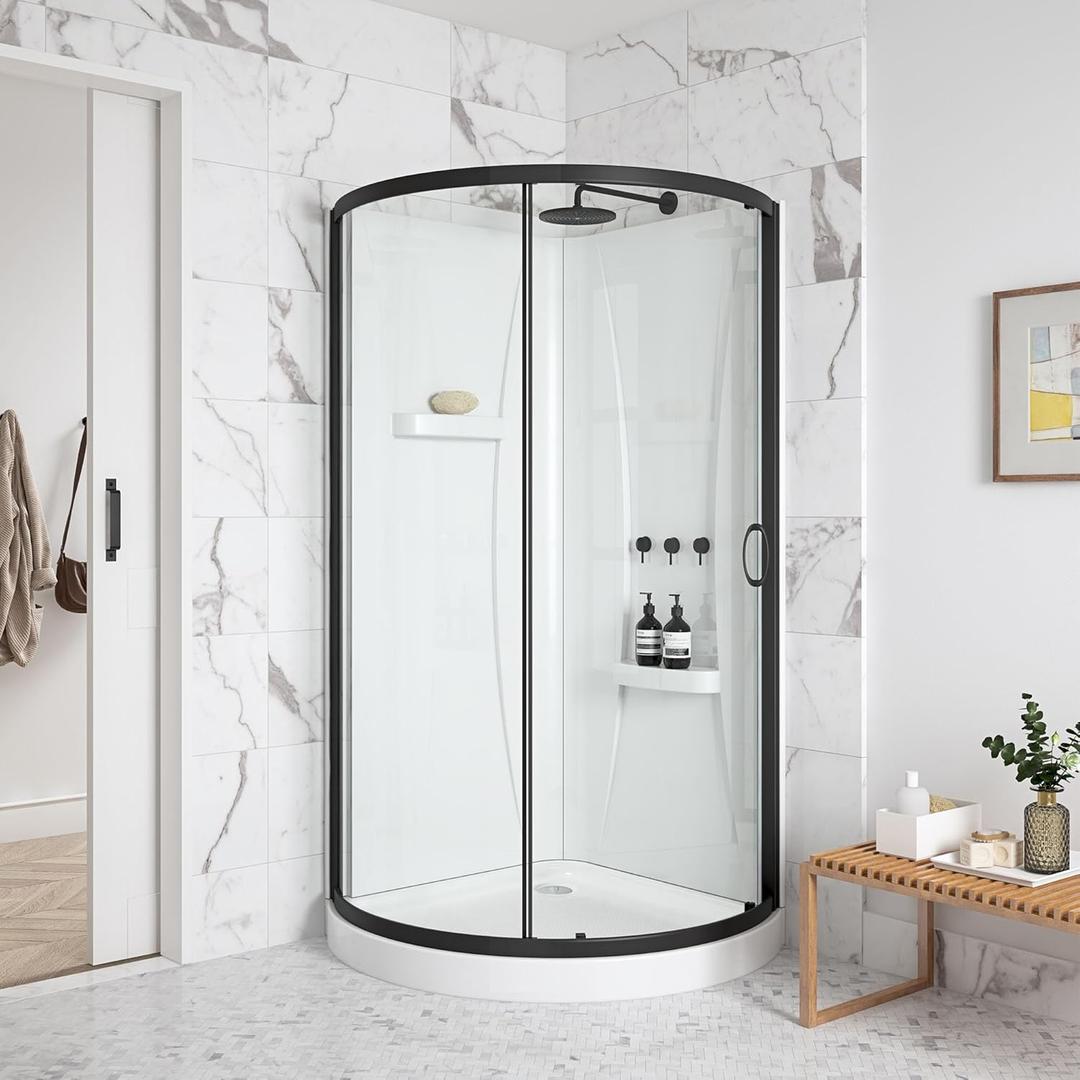 OVE Decors Breeze 36 in. Corner Shower Clear Sliding Door with Walls and Base in Black Finish