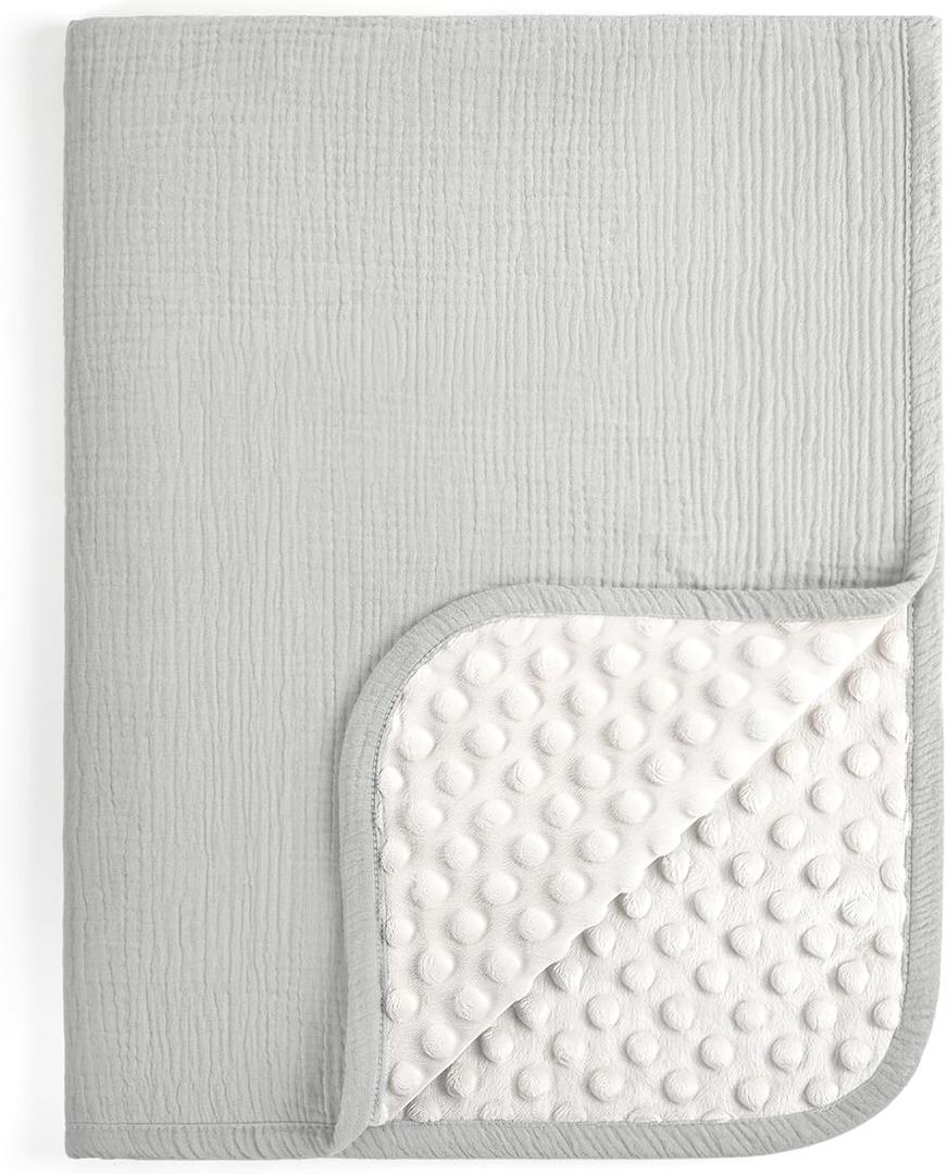 lulumoon Baby Blankets for Boys Newborn: Muslin & Minky Dotted Backing - Thermal Receiving Blanket for Stroller & Registry Gift 30"x40"Gray