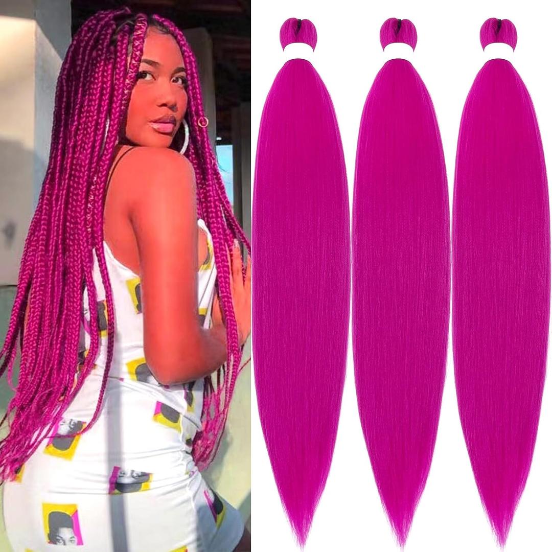 Magenta Braiding Hair Pre Stretched Pink Weave Bundles Hair Extensions for Braids 26 Inch Long Yaki Micro Hypoallergenic Knotless Colored Pink Crochet Box Braid (26 In 3 Packs)