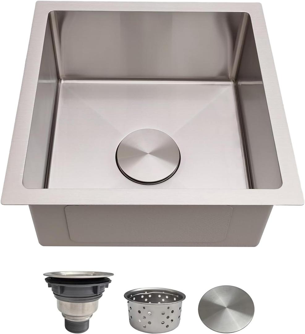 16 Inch Bar Sink Undermount  Delironexu 18 Gauge Stainless Steel Small Kitchen Sink, 16"x16"x8" Square Small Bar sink, Single Bowl Wet bar Sinks with Brushed Finish for Outdoor, RV, and Prep Use