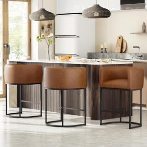 26" H Counter Height Bar Stools Set of 2, Modern Barrel Counter Stools with Backrest and Arms, Faux Leather Upholstered Accent Barstools for Kitchen Island,Support 450 LBSWalnut Brown