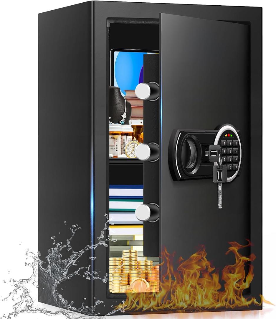 3.3 Cuft Large Home Safes Water and Fireproof with Digital Keypad & Key Lock, Security Safes for Home with DIY Removable Shelf, Anti-Pry Safe Box for Money Documents Jewelry, 19.69"H x13.78"W x 12.2"D
