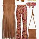 SOMSOC 7 Pieces 70s Women Hippie Costume Fringe Vest Bag Pant Headband for Halloween (XL)