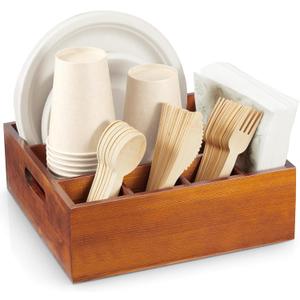 Wood Utensil Holder for Party, 6-Compartment Paper Plate Organizer with Handles, Wooden Silverware Caddy for Picnic, Camping, BBQ, Buffet, and Kitchen Countertop Organization, Brownish red