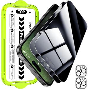 Esanik [2+2 Pack for iPhone 15 Pro Max Privacy Screen Protector  Anti-Spy Tempered Glass & Camera Lens Cover, Military-Grade 9H Hardness, Anti-Scratch, Flawless Fit Tray