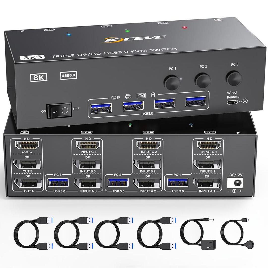 KVM Switch 3 Monitors 3 Computers 8K@60Hz 4K@144Hz, HDMI Displayport Triple Monitor KVM Switches for 3 PC Share 3 Monitor and 4 USB 3.0 Devices, Wired Remote, Power Adapter and USB3.0 Cables Included
