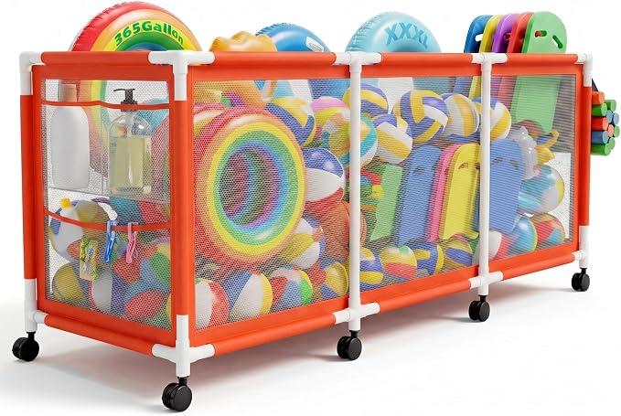 Jotesnew 365 Gallon 103" L Extra Large Swimming Pool Storage Bin, Pool Noodles Holder, Toys, Floats, Balls and Floats Equipment Mesh Rolling Storage Organizer Bin, 103" Lx32 Wx35 H (Orange)
