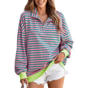 EVALESS Oversized Sweatshirt for Women 2024 Fall Outfits Fashion Long Sleeve Shirts Striped Quarter Zip Pullover Tops (Green, M)