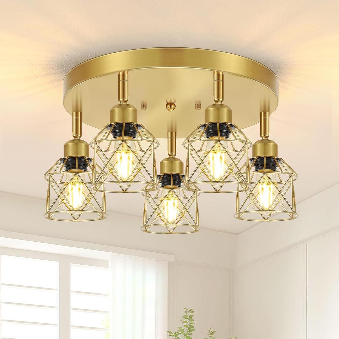 Baocuz 5-Light Semi Flush Mount Ceiling Light, Gold Kitchen Lighting Fixtures Ceiling with Metal Shade, Hallway Light Fixtures with Mini Cage for Entryway, Bedroom, Living Room