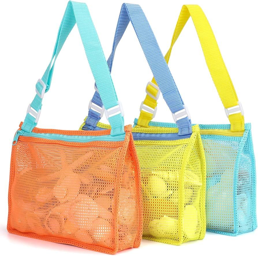 Tagitary Beach Toy Mesh Beach Shell Bags for Kids, Sand Toys Kids Beach Essential Treasure Bag Swimming Pool Bag Beach Gift for Boys and Girls(Only Bags,A Set of 3)