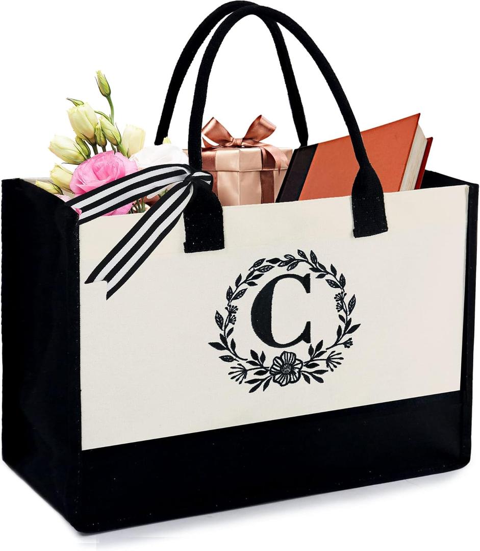 BeeGreen Gift Basket Monogram Initial Canvas Tote Bag with Pocket Embroidery Personalized Tote for Mom Teacher Friend (Natural With Black)