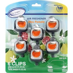 Air Jungles Eleu Pomelo Scent Car Air Freshener Clip, 6 Vent Clips, 4 ml Each, Long Lasting Air Freshener, Up to 180 Days Car Refresher Odor Eliminator