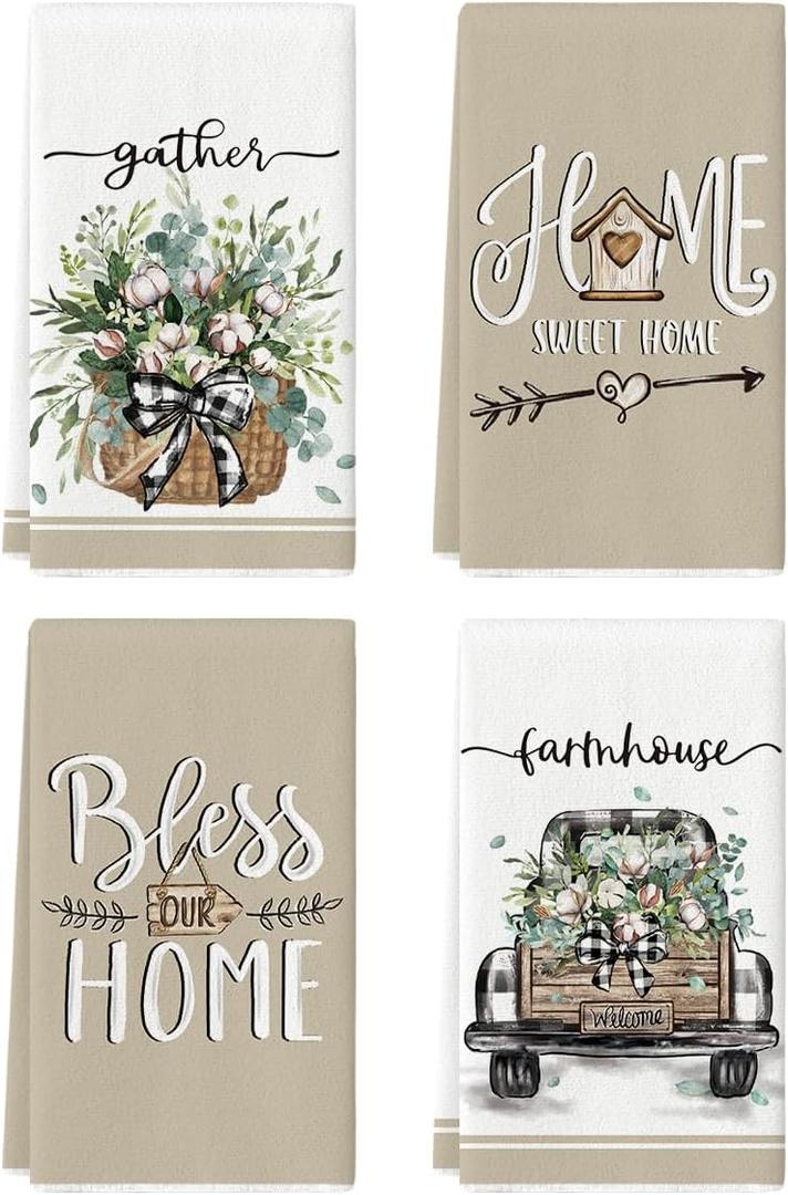 Artoid Mode Eucalyptus Truck Flowers Basket Spring Kitchen Towels Dish Towels, 18x26 Inch Farmhouse Decoration Hand Towels Set of 4
