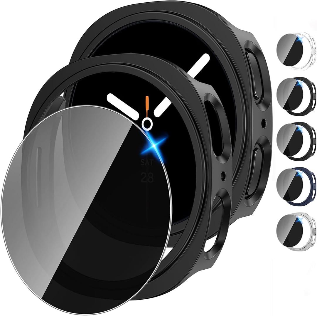 Tensea [5+5Pack for Samsung Galaxy Watch 8 Screen Protector Case 44mm Accessories, Hard PC Bumper/HD Anti-Fog Tempered Glass Protective Film, Face Cover Set, Galaxy Watch 8 Case for Women Men (Clear/Black/Black/Silver/Blue(black screen))