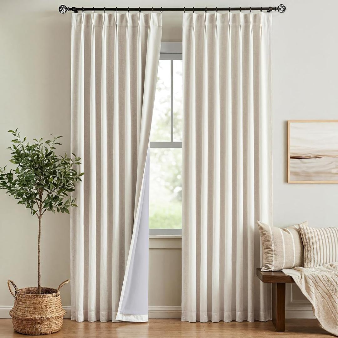 Pinch Pleated Curtains 100% Blackout Linen Curtains, Natural Memory Trained Thermal Insulated Room Darkening Window Pleat Drapes with Hooks, 2 Panels Natural, 40"W x 84"L (Pack of 2)