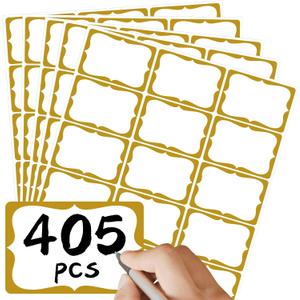 2 x CATIFLIN 405pcs Name Tags Stickers - Waterproof Name Labels for Kids School Supplies & Daycare - 3"x2" Blank Adhesive Labels for Baby Bottles, Clothing, Classroom - Elegant Bracket Shape, Gold Border