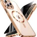 Magnetic for iPhone 15 Pro Max Case with Privacy Screen Protector & Full Camera Cover,[Non-Yellowing] Plating Glossy Soft Shockproof Clear Phone Case with MagSafe Women Girls for 15 ProMax,Gold