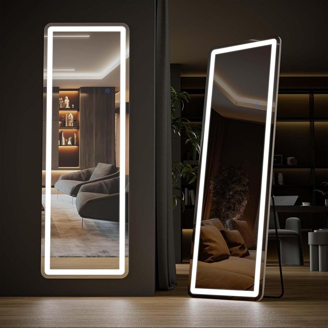 Full Length Mirror with LED Lights, 60"x16"Floor Mirror with Dimming & 3 Color Lighting, Free Standing Floor Mirrors, Lighted Full Body Mirrors for Bedroom, Dressing Room, Cloakroom