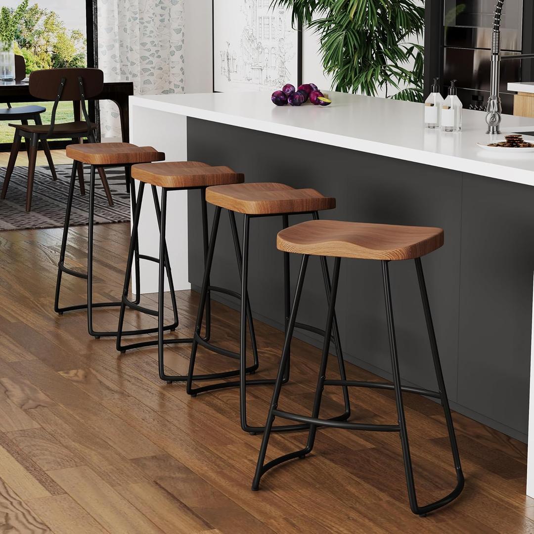 Alunaune 24" Metal Bar Stools Set of 4, Saddle Seat Backless Counter Height Barstools Kitchen Island Counter Stool Dining Chairs-Brown