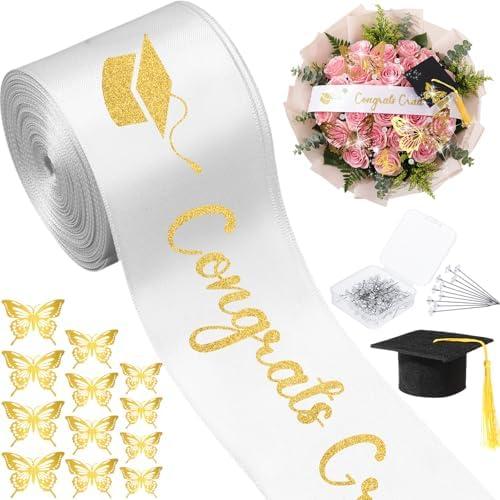 Zeyune 114 Pcs 2026 DIY Graduation Bouquet Set White Ribbon with Glitter Gold Congrats Grad Mini Graduation Caps with Tassel Gold Butterfly Decor Diamond Pins for Graduate DIY Flower Gift for Her Him