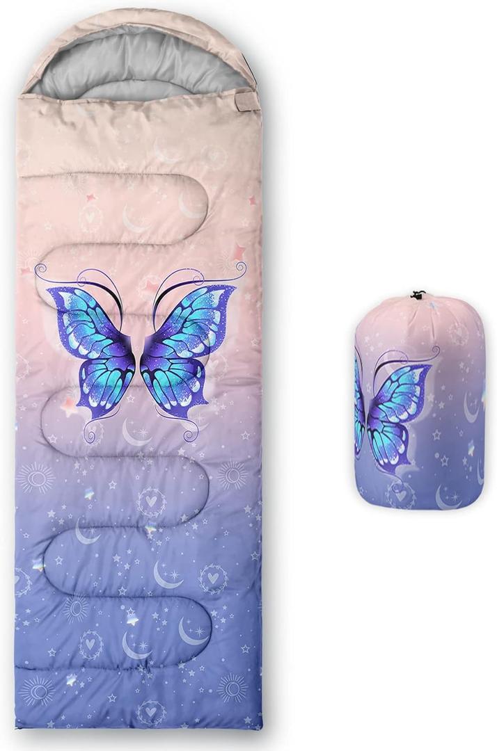 BSNTHO Camping Sleeping Bags,3 Season Warm & Cool Weather,Lightweight,Waterproof Sleeping Bags for Adults & Kids,Traveling,and Outdoors,Camping Gear Equipment (Blue Butterfly 7)