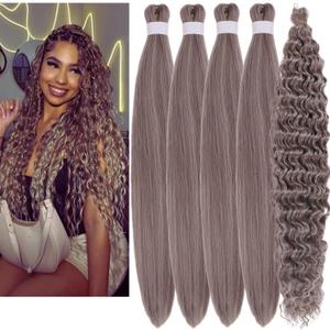 Ash Brown Boho Braiding Hair Curly Braiding Hair for Boho Braids Pre stretched Knotless Hair for Bohemian Braids (26 Inch-Packs of 4+1)