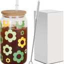Initial Glass Cup(Flower), Monogrammed Gifts for Women, 16 oz Clear glass cups w/lids and Straws, Iced Coffee Smoothie Beer Tumbler - Personalized Mothers Day,Birthday Gifts for Her Mom Friend (16OZ-MSLH-BLB)