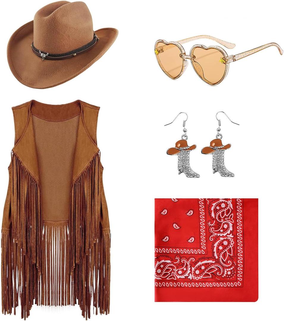 Cowgirl Outfits for Girls Kids 6 Pcs Western Costume Accessories Cowboy Hat Fringe Vest Earring for Halloween Party (L)