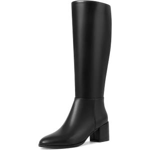 Knee High Boots Women Chunky Heel Round Toe Side Zipper Tall Boots for Women Comfortable Long Boots (Black)