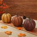 6 Inch Large Artificial Pumpkins, 3 Pcs Fall Pumpkin Decor Orange Clay Brown Dark Red Faux Resin Pumpkins Woven Pumpkin Centerpiece for Rustic Farmhouse Fall Thanksgiving Autumn Harvest Table Decor