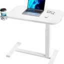 HUANUO 32Inch Bedside Table with Wheels, Height-Adjustable Rolling Computer Cart, Overbed Table with Cup Holder, Pneumatic Laptop Standing Desk for Home Office, White, Large-32 Inch