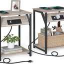 VASAGLE End Table with Charging Station, Set of 2, Small Side Tables for Living Room, Bedroom, Nightstand with Outlets and USB Ports, Bedside Table with Storage Shelf, Heather Greige and Black