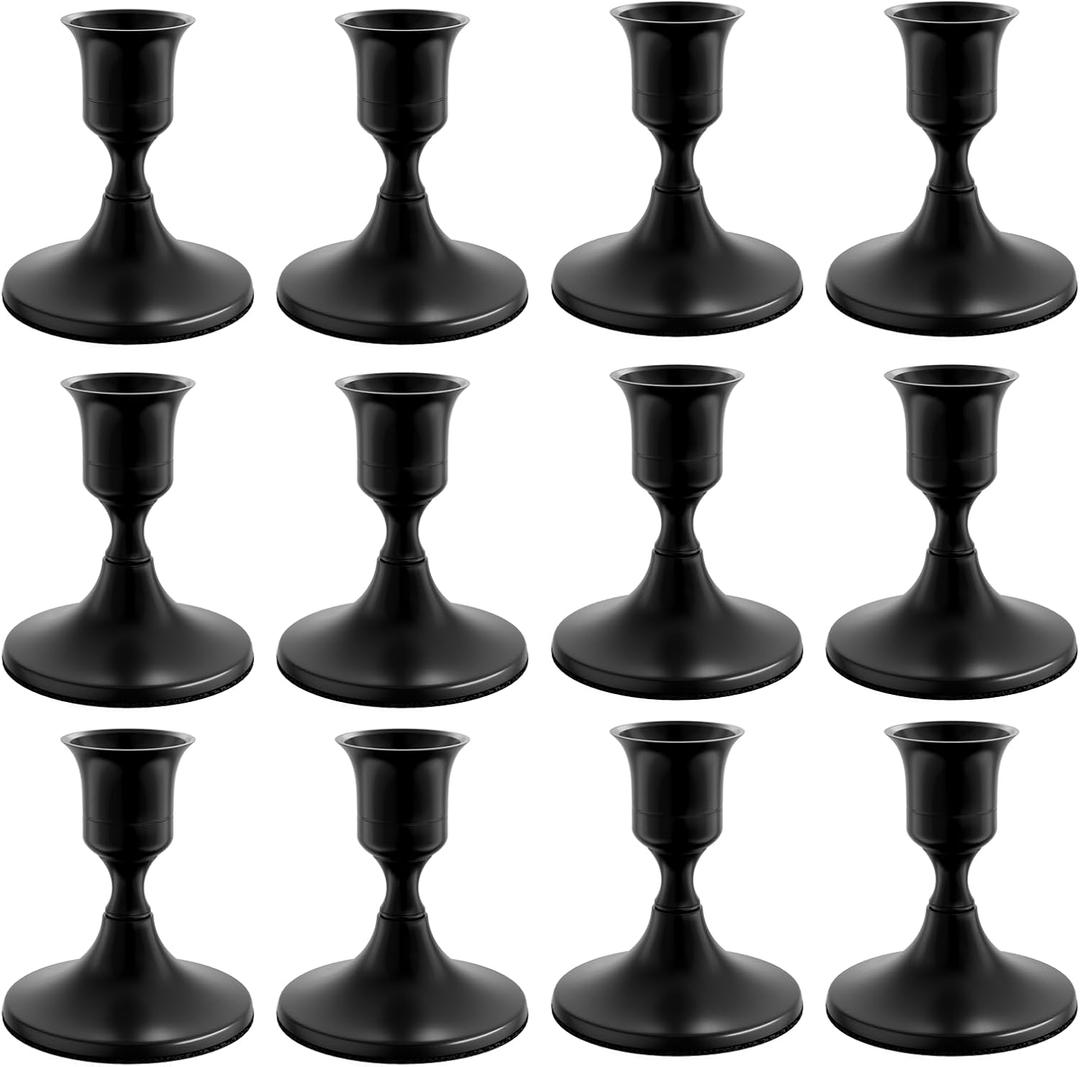 12PCS Black Taper Candle Holders Set, Vintage Metal Candlestick Holders for Dinner Room Table Centerpiece or Mantel Wedding Party Decor