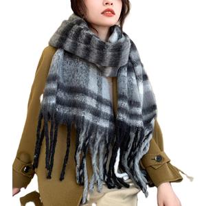 Wander Agio Winter Women Warm Scarf Long Shawl Large Scarves Cold Weather Thicker Blanket Wrap Colour Plaid Stripe (Black Grey 10)