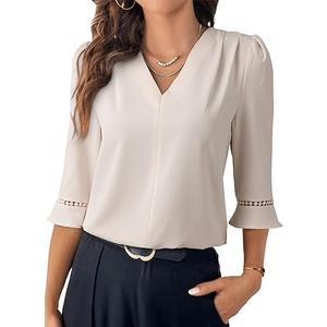 EVALESS Women's 3/4 Sleeve Tops Dressy Casual Pleated V Neck Business Work Blouses Office Shirts Size Large