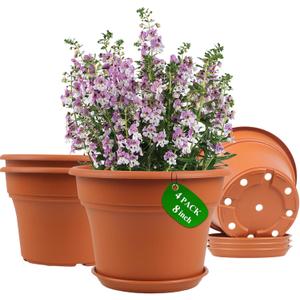 Pottiffe 8 Inch Plastic-Flower Pot-for-Indoor Plants, 4 Pack Large Outdoor Planter Pot with Drainage Holes & Saucers, Resin Decorative Garden Pots Planters