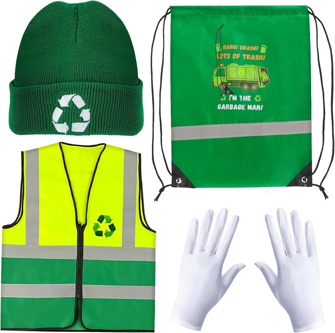 Kyson 4 Pcs Kids Garbage Man Costume Kit Trash Man Costume Set Waste Management Recycle Dress Up for Halloween Career Day (Green)