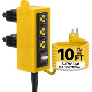 Outdoor Extension Cord, 6 Wide Outlets, 1875W/15A, 10FT 14AWG Heavy Duty SJTW Power Strip with Surge Protector, All-Weather & IP66 Fully Waterproof, Ideal for Patio, Garden, Pool, RV, Yellow