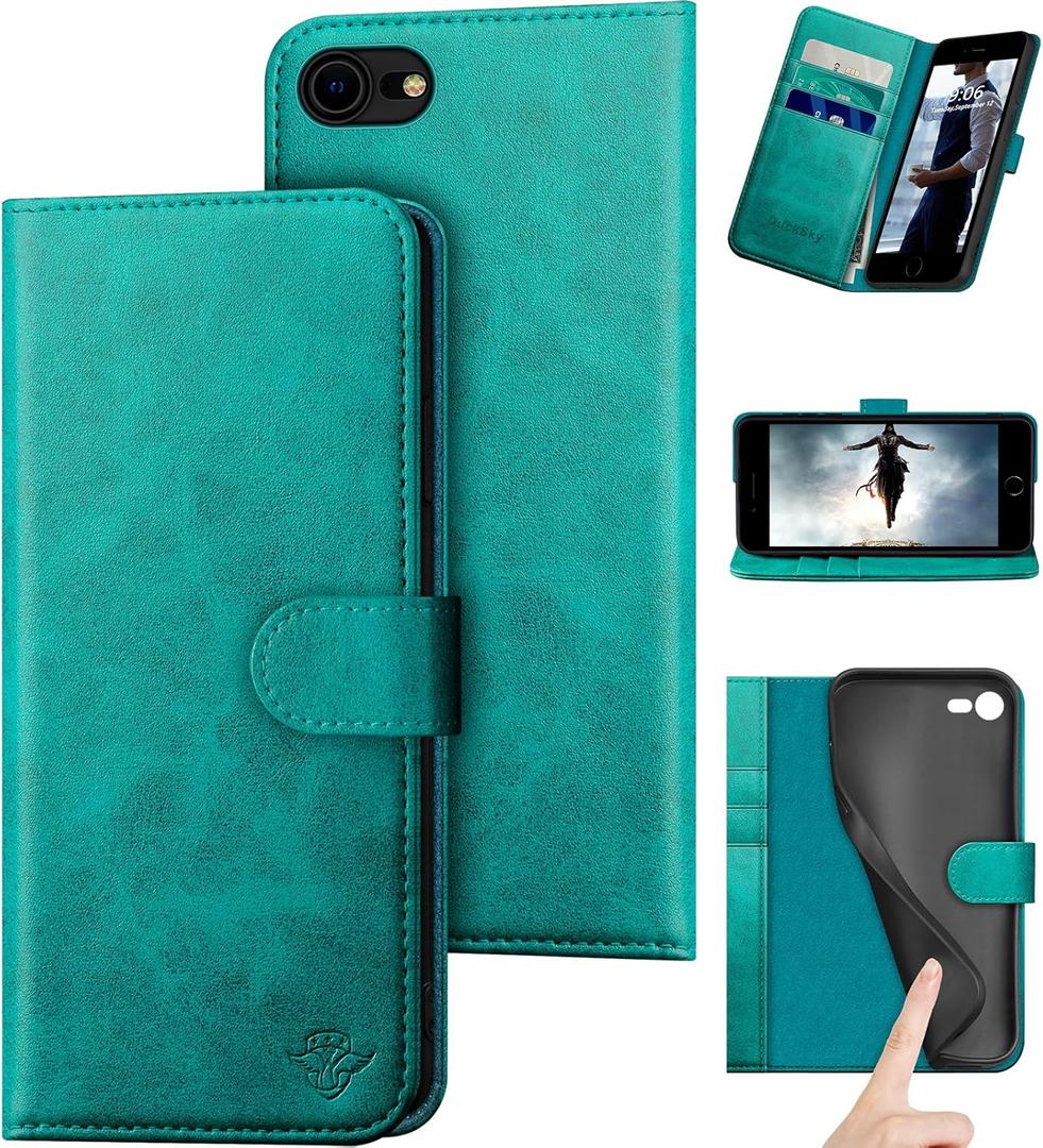 DuckSky for iPhone 7/8/SE 2020/SE 2022 Genuine Leather Wallet caseRFID Blocking3 Credit Card HolderReal LeatherFlip Folio Book Phone case Protective Cover Women Men for apple 7/8 case Blue Green