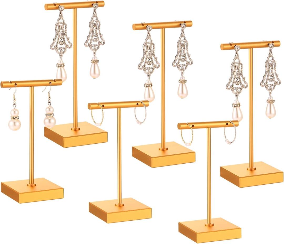 Kigeli 6 Pack Metal Bar Earring Display Stand Retail Earring Display Holder Detachable Metal Display Storage Rack Jewelry Photography Prop, Square Base, Height 4.3" and 5.1"(Gold)