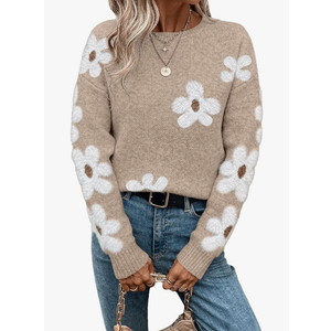 SHENHE Women's Floral Pattern Crewneck Long Sleeve Drop Shoulder Sweaters Pullover Tops, M