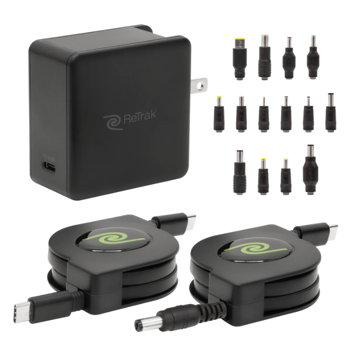 ReTrak 65W Retractable Universal USB-C Laptop Charger with 14 Adapter Tips 