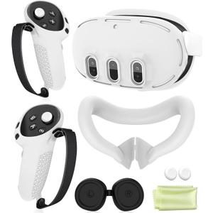 Silicone Cover Set Compatible with Meta Oculus/Quest 3, VR Accessories Protective Cover Includes Controller Grips, Front Shell Headset Cover and Face Cover, Not Fit Quest 3S (White)