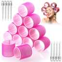 Jumbo Hair Curlers Rollers, 12Pcs 60mm Jumbo Hair Roller Curlers Self Grip Holding Rollers with 12Pcs Hair Clips for Long Straight Thick Hair (Rose Red)