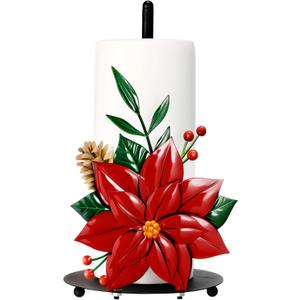 LemonRoad Christmas Poinsettia Paper Towel Holder, Red Poinsettia Christmas Decorations, Metal Paper Towel Holder for Kitchen Countertop Bathroom Home Farmhouse Xmas Decor Indoor