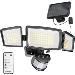 Ensenior 5 Motion Sensor Modes Solar Security Light, 1800LM 270 Wide Angle 3 Heads LED Flood Lights, IP65 Waterproof Wall Lights, Separate Solar Panel Remote Control Solar Lights Outdoor (Black)