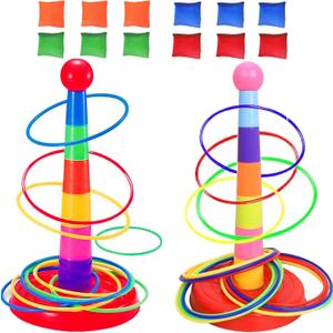 Colorful Plastic Sport Ring Toss Game Set for Kids,2 Colorful Columns+48 Rings+12 Bean Bags,Outside Toys Carnival Ring Circle Game,Outdoor Kids Sports Educational Toys