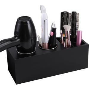 Hair Dryer Countertop Holder, Hair Tool Organizer Wall Mount, Blow Dryer Holder Organizer, Bathroom Countertop Blow Dryer Holder and Curling Iron Holder (Cedar Wood, Black)